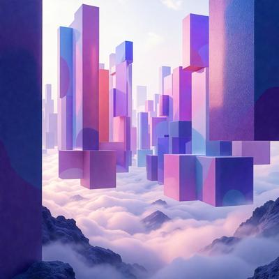 The primary subject of the image is a large, colorful, and abstract cityscape. The setting is a cloudy sky, which serves as the backdrop for the cityscape. The visual style of the image is digital art, as it appears to be a computer-generated or digitally manipulated scene. The colors and mood of the image are vibrant and lively, with a mix of purple, pink, and blue hues that create a sense of depth and movement.